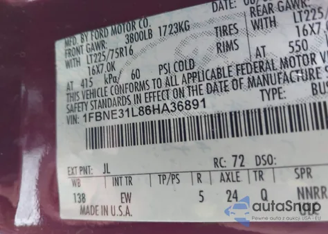 2006 Ford E-350 Super Duty Chateau/Xl/Xlt from USA, damaged, VIN 1FBNE31L86HA36891